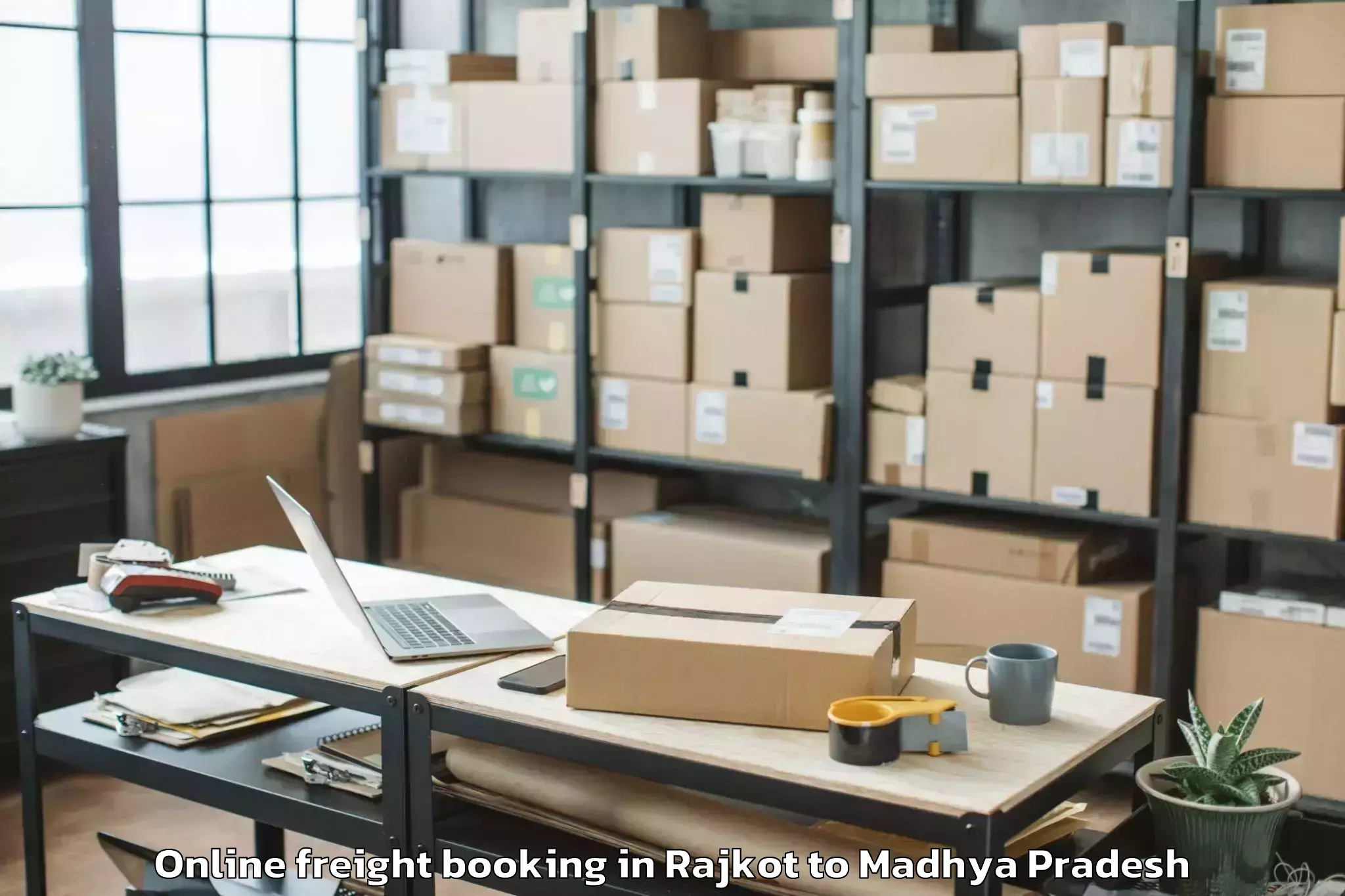 Top Rajkot to Mauganj Online Freight Booking Available